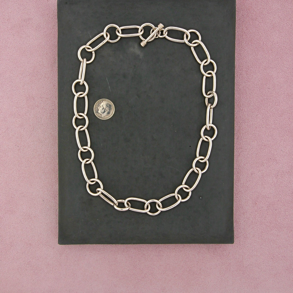 Sterling Silver Vintage Oval & Circle Link Chain Toggle Necklace Size 18in