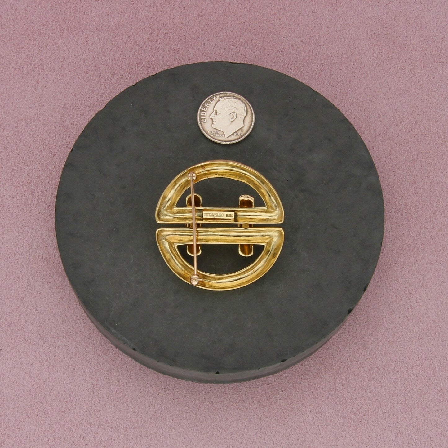 tiffany & co 18k yellow gold heavy vintage ruby round buckle brooch