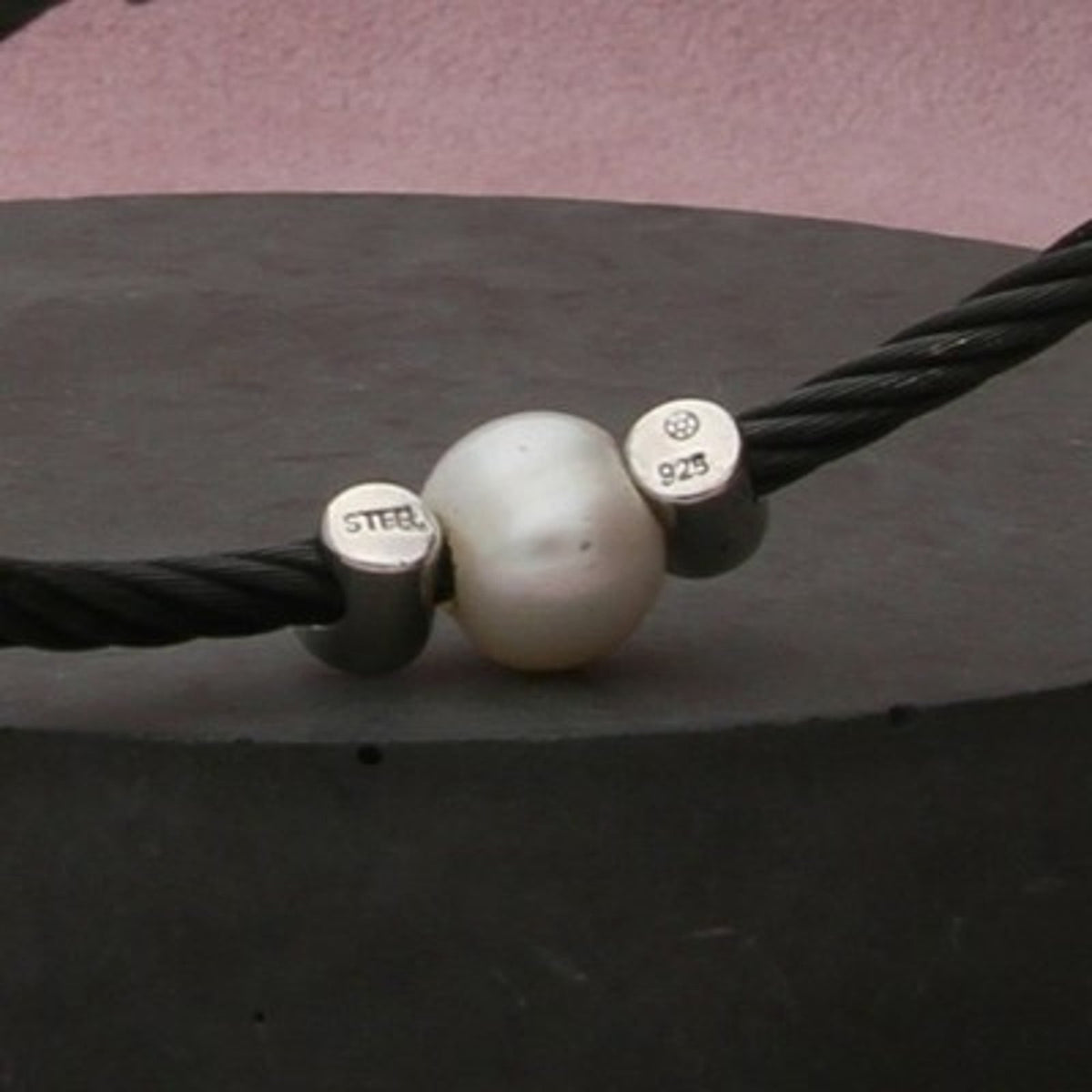 Sterling Silver & Stainless Steel White Pearl & Diamond Bracelet Size 6in