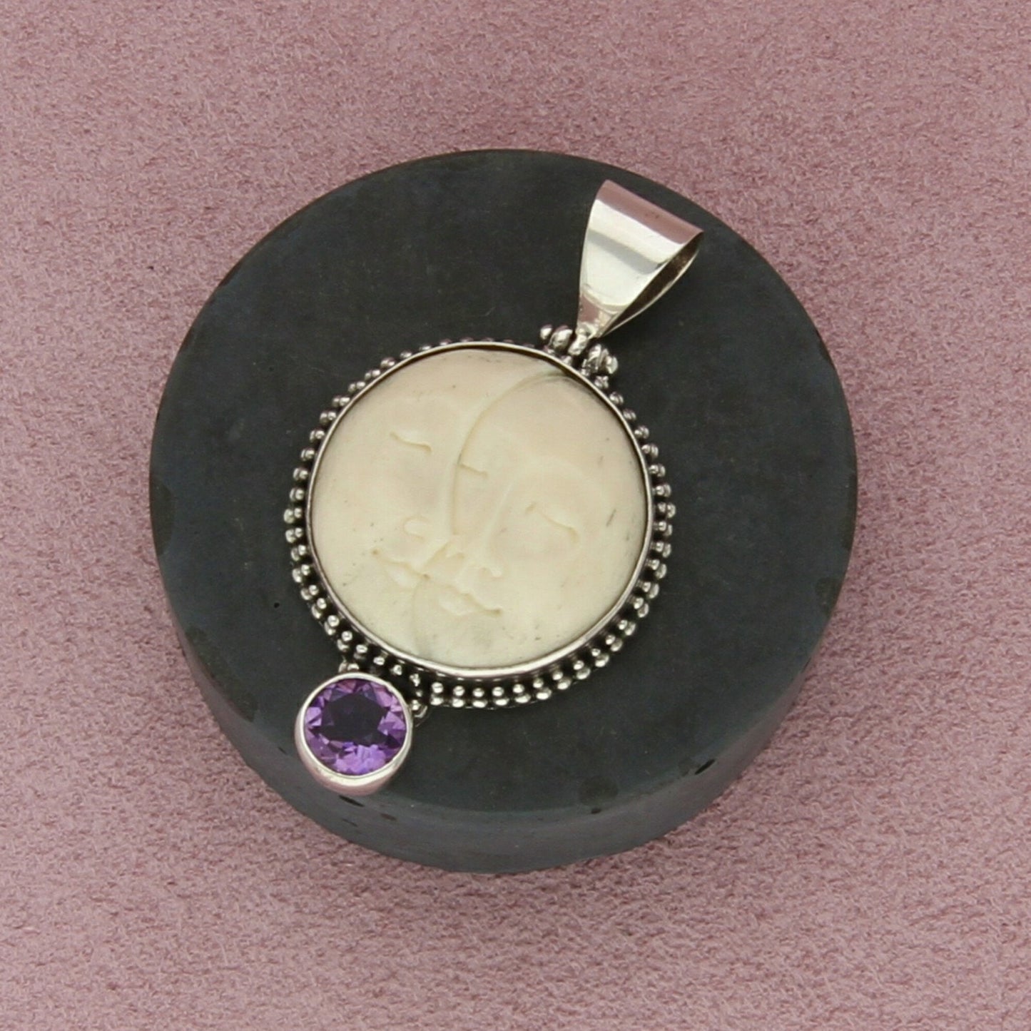 sterling silver bali amethyst & carved moon face pendant