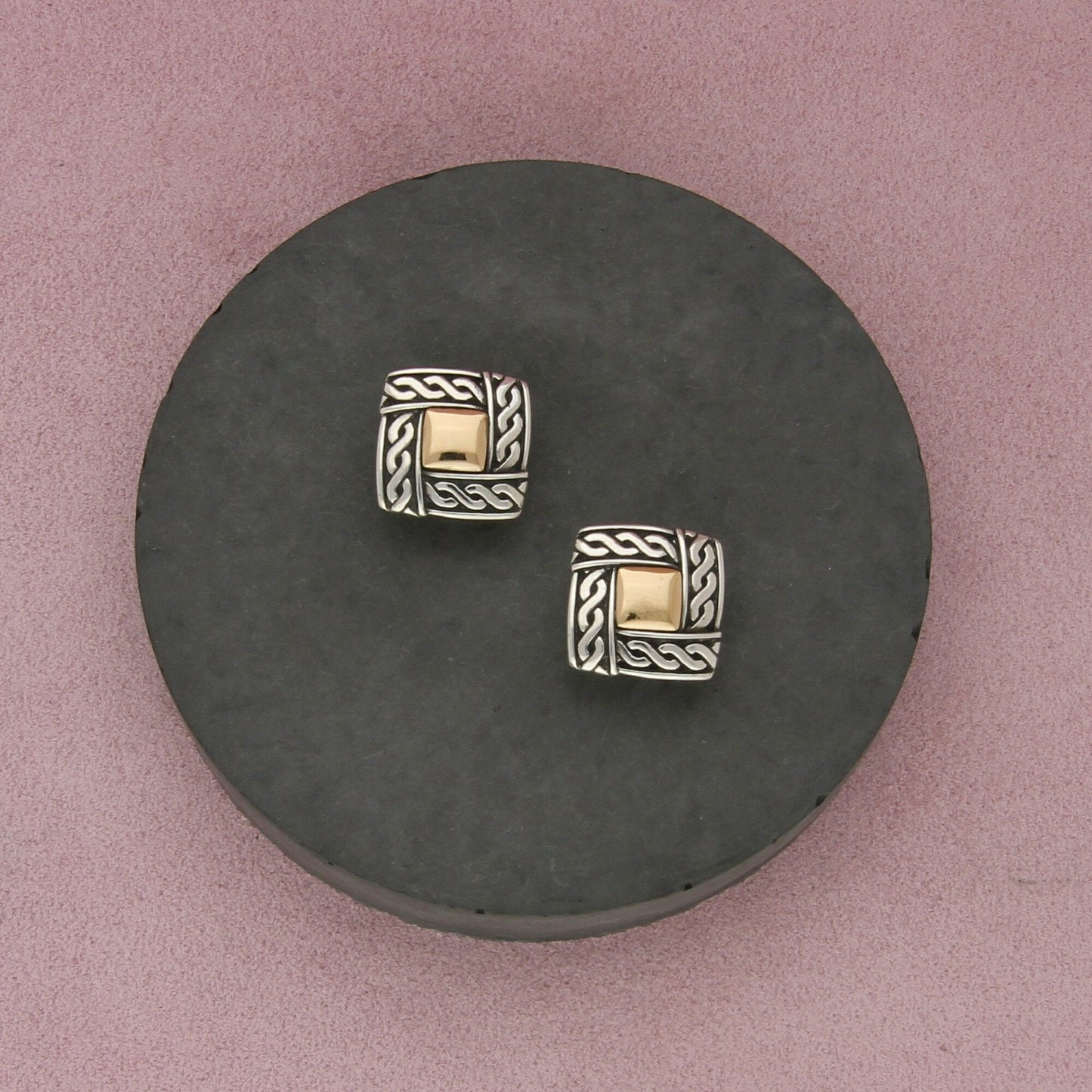james avery sterling silver & 14k gold retired celtic square omega-back earrings