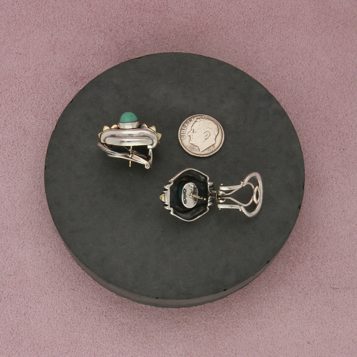 lagos caviar sterling silver & 18k gold pyramid turquoise omega-back earrings