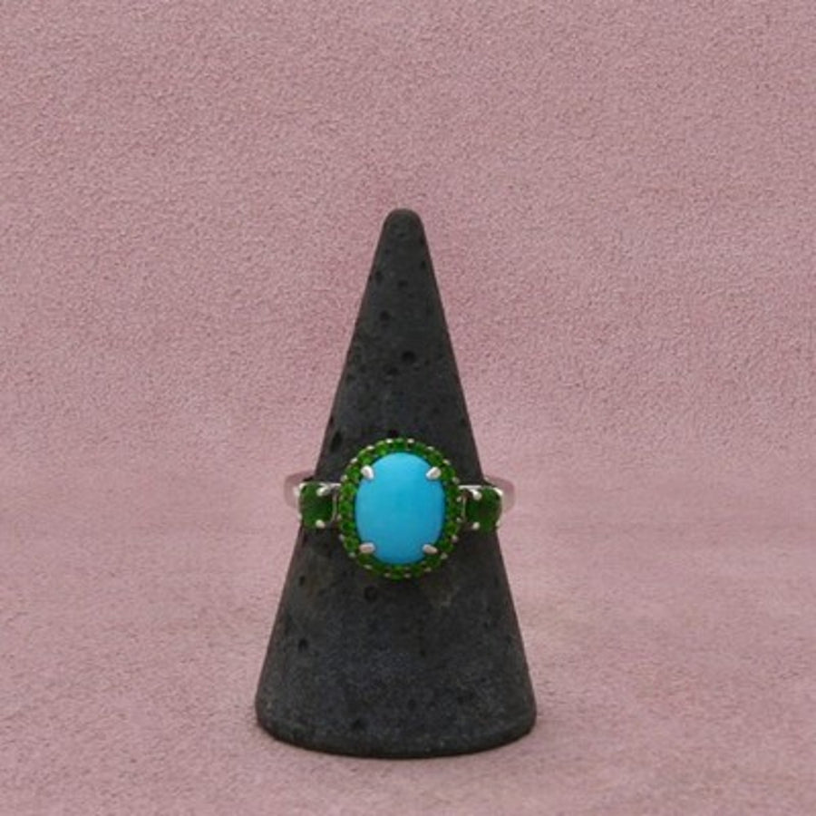 Sterling Silver Sleeping Beauty Turquoise & Chrome Diopside Halo Ring Size 8