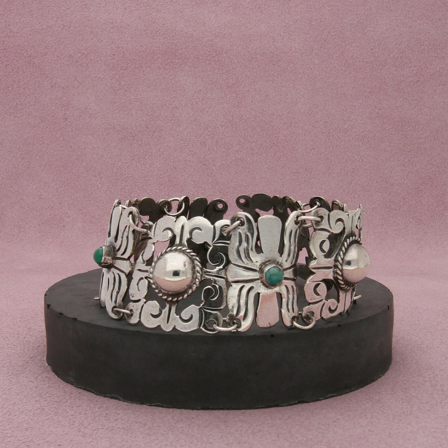 mexico sterling silver vintage 1940s turquoise panel link bracelet size 7.25in
