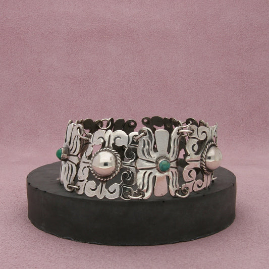 mexico sterling silver vintage 1940s turquoise panel link bracelet size 7.25in