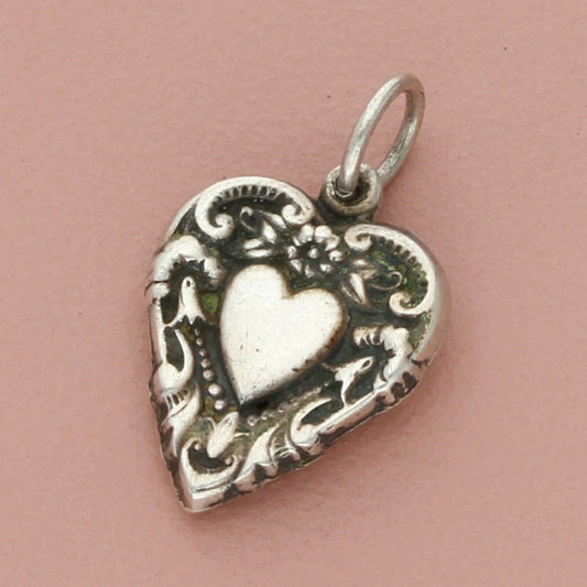 sterling silver vintage wwii engraved scroll sweetheart puffy heart charm