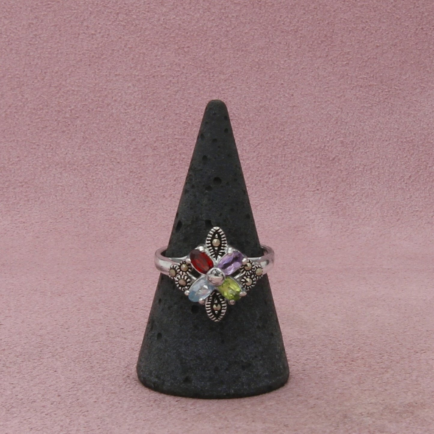 sterling silver marcasite peridot topaz garnet amethyst ring size 8.25