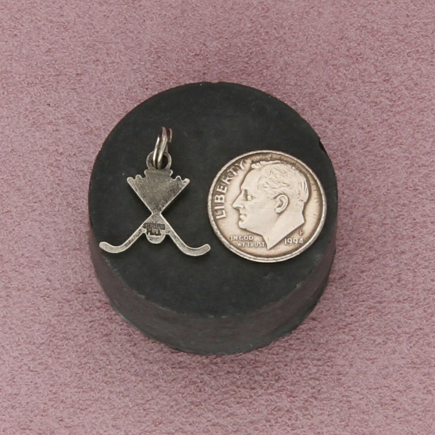 sterling silver vintage hockey sticks & puck charm pendant