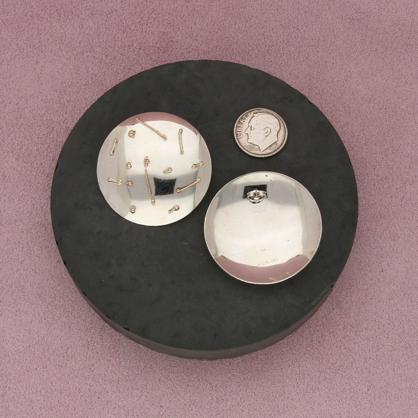 sterling silver & 14k gold artisan crafted large disc post earrings