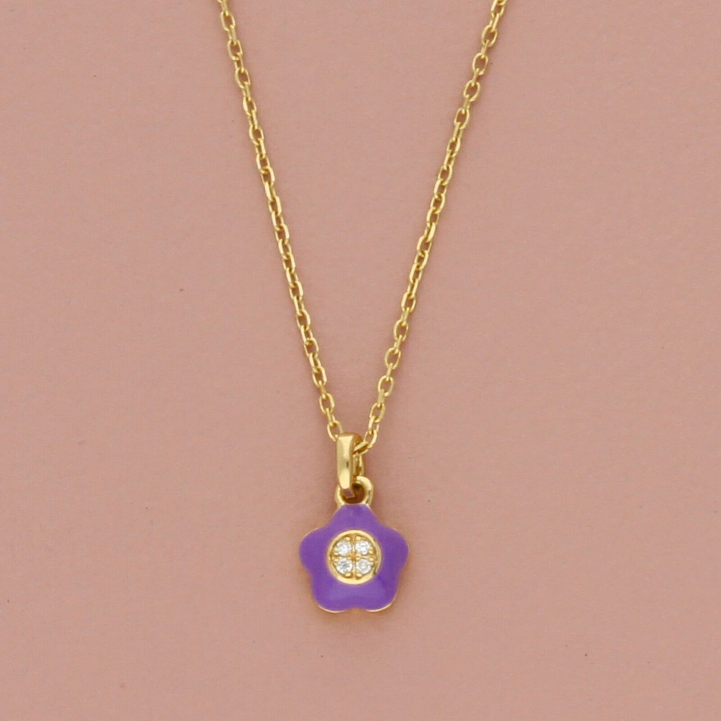 bony levy 14k yellow gold kids diamond & purple enamel flower necklace 13-15in