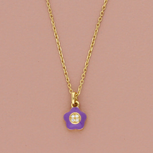 bony levy 14k yellow gold kids diamond & purple enamel flower necklace 13-15in