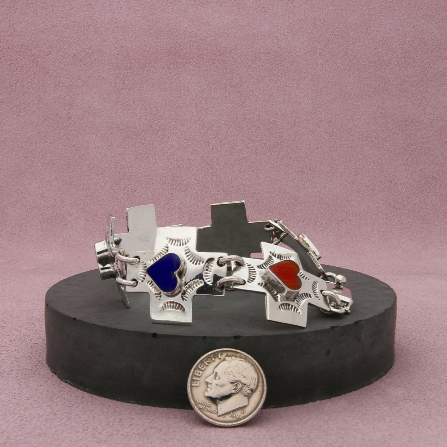sterling silver vintage multi-stone hearts stamped cross bracelet size 7.25in