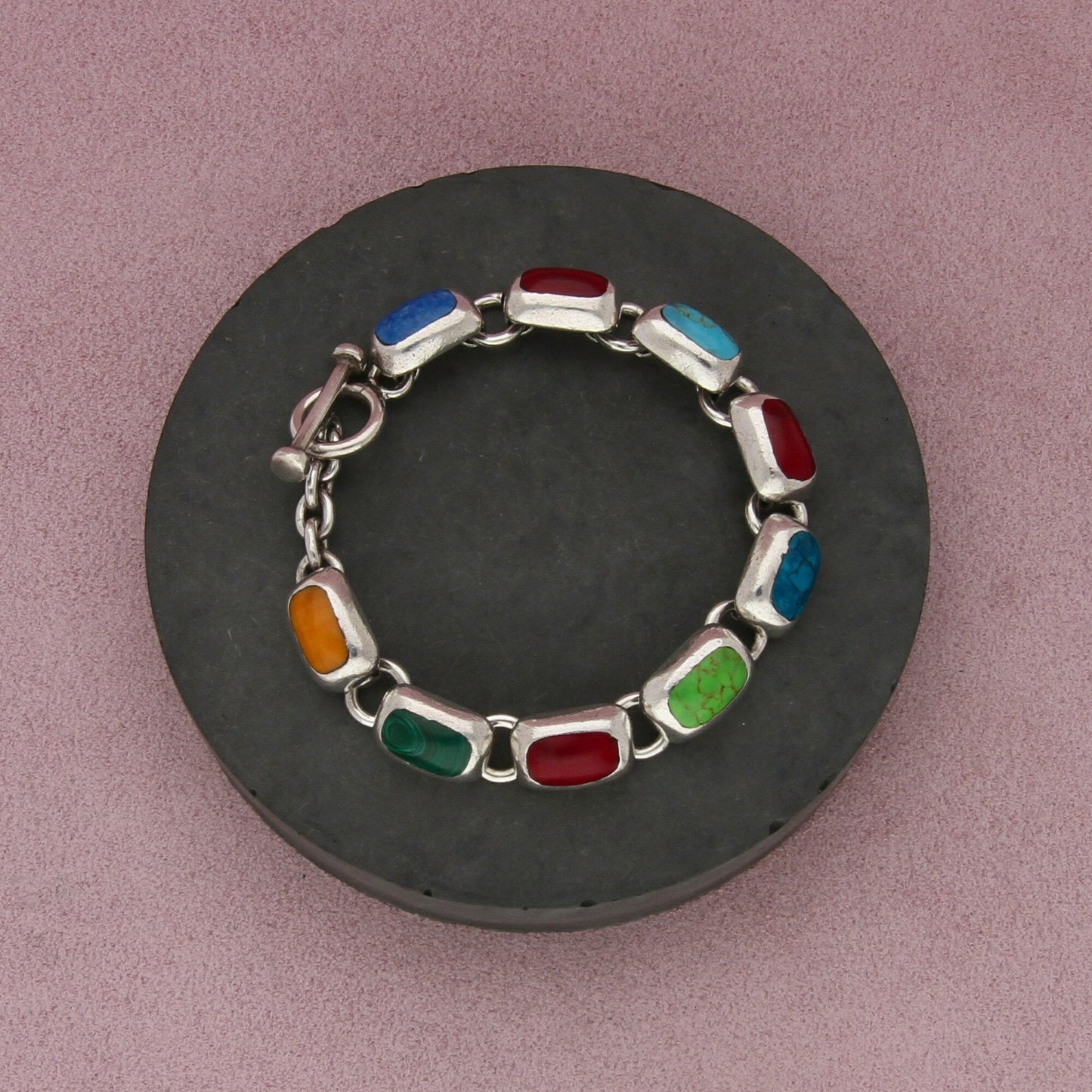 taxco mexico sterling silver turquoise gaspeite toggle bracelet size 6.75in