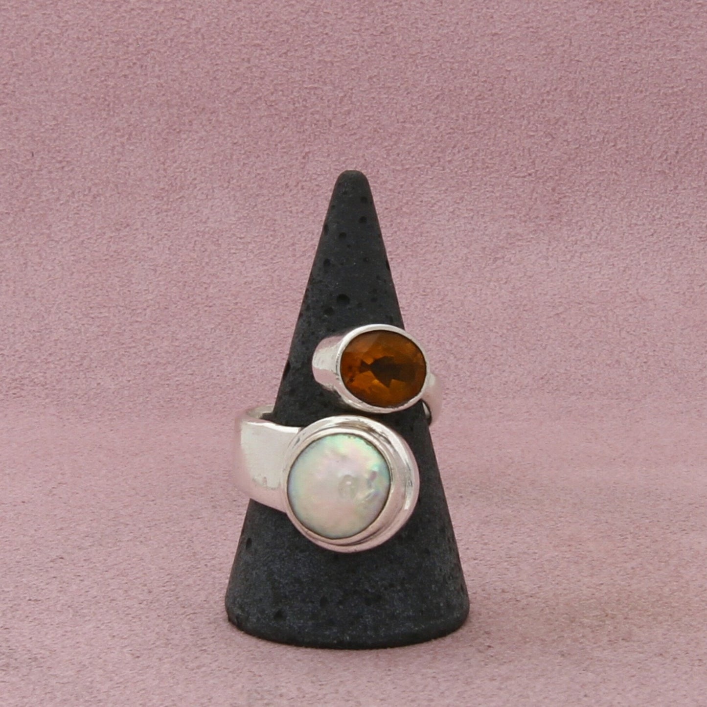 sterling silver pearl & oval-cut citrine bypass ring size 10.5