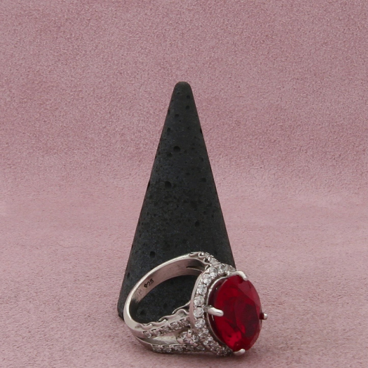 sterling silver oval-cut ruby & cz halo cocktail ring size 6.5