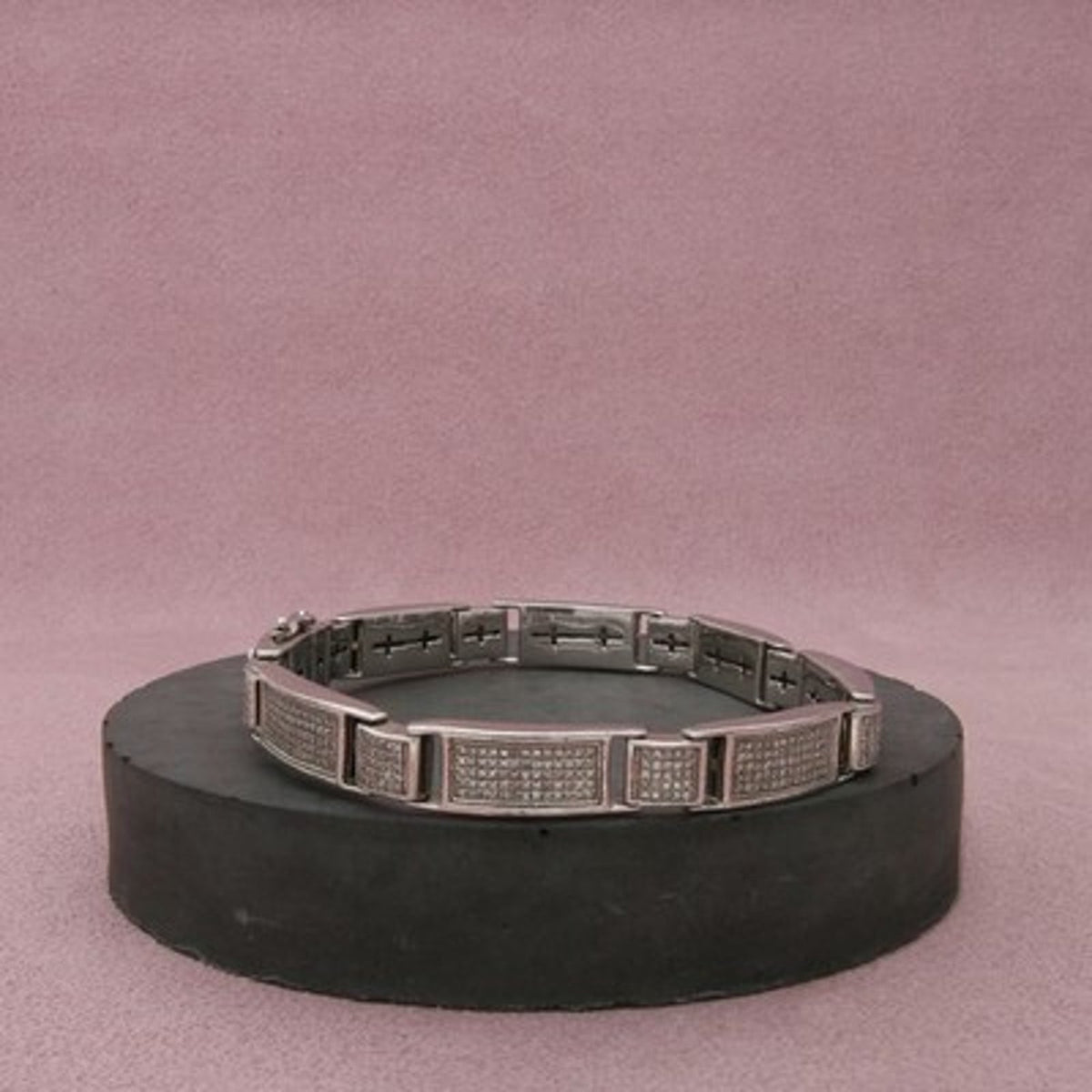 Sterling Silver Men's Iced Out Diamond Grid Panel Bracelet Size 7.75in