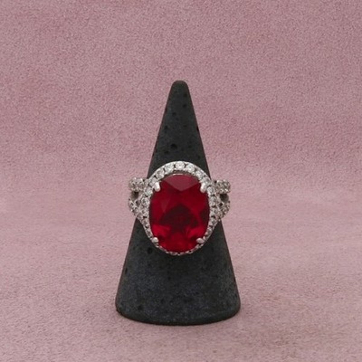 Sterling Silver Oval-Cut Ruby & Cz Halo Cocktail Ring Size 6.5