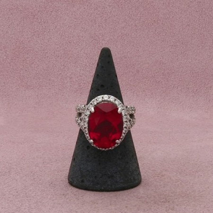 Sterling Silver Oval-Cut Ruby & Cz Halo Cocktail Ring Size 6.5