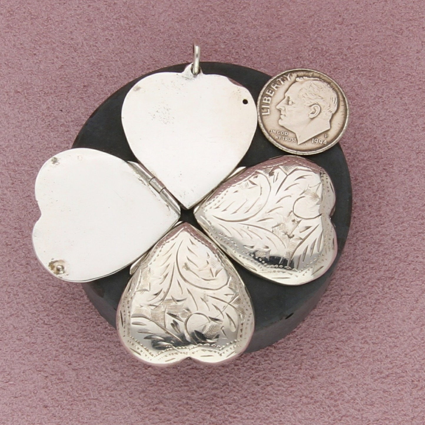 sterling silver vintage etched clover heart 4-photo locket (opens) pendant