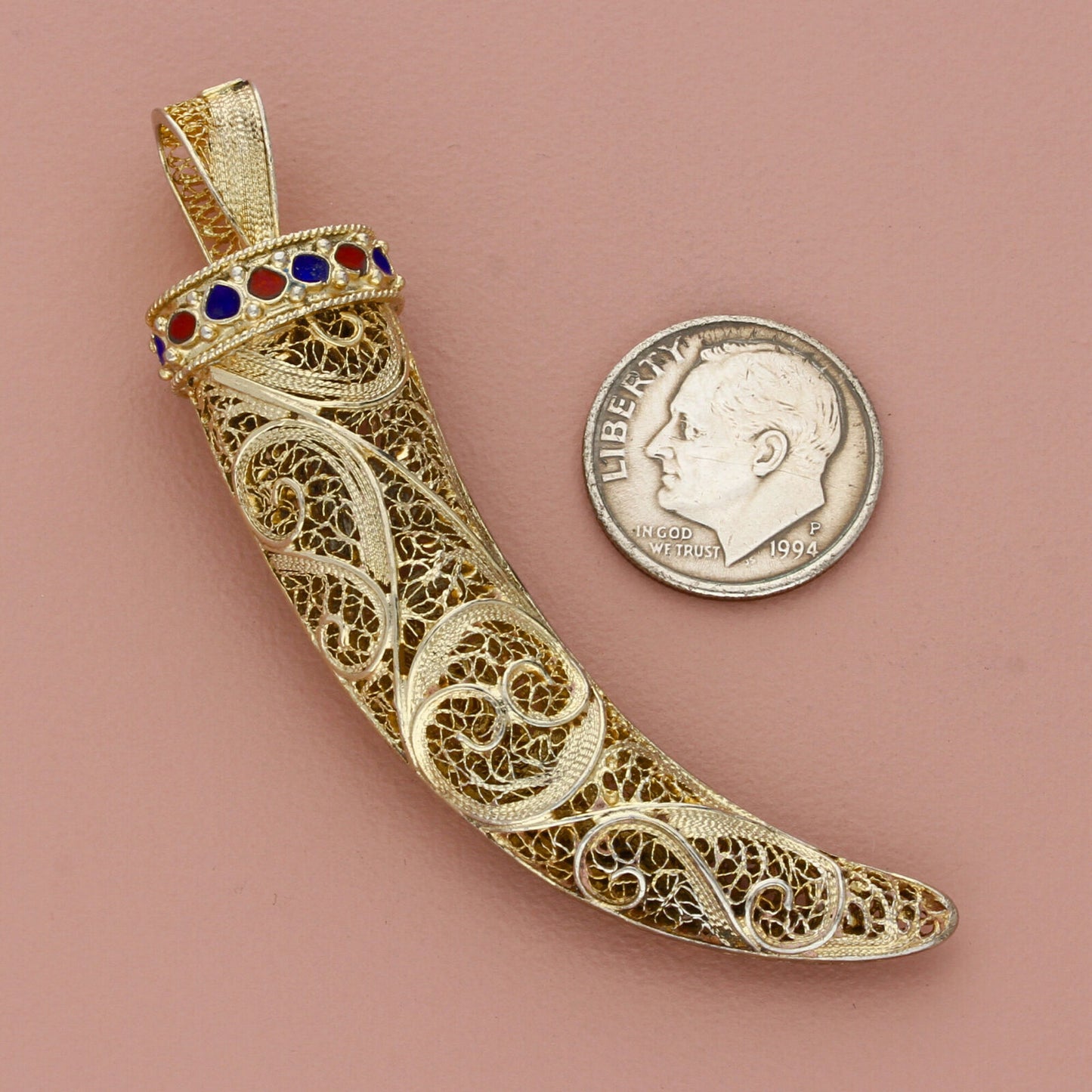 van lou sterling silver vintage gilded enamel filigree scroll horn pendant