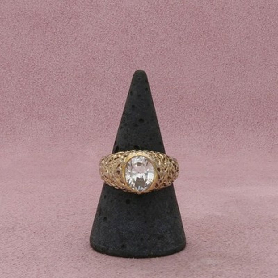 Sterling Silver Vintage Gold Tone Textured Cz Ring Size 8.75