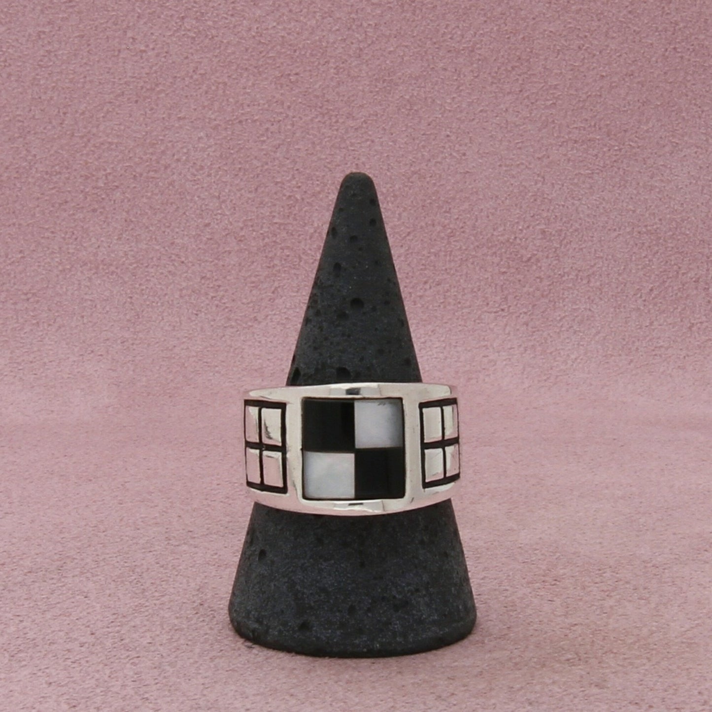sterling silver mens vintage onyx mother-of-pearl checkerboard ring size 10.75