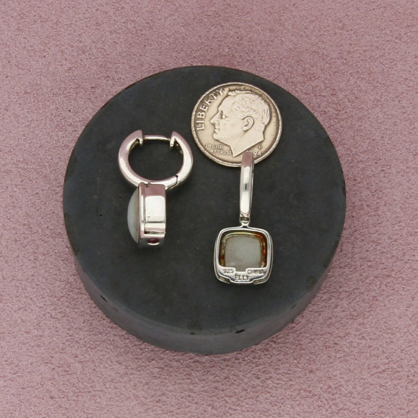 elle sterling silver vintage ruby & mother of pearl hoop earrings