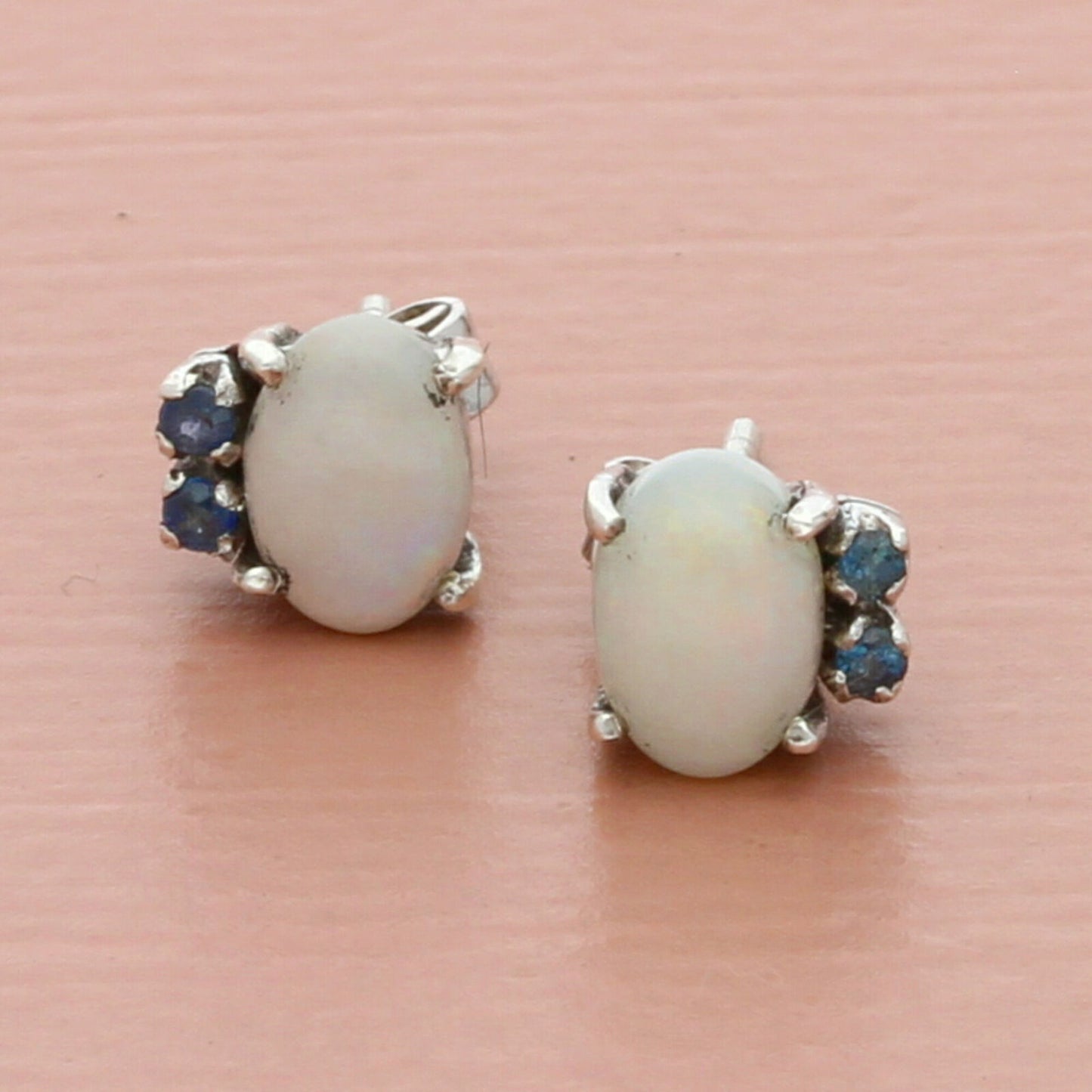 10k white gold dainty opal & blue topaz stud earrings