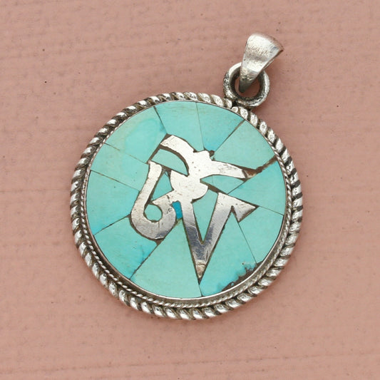 vintage sterling silver braided tibetan turquoise om pendant