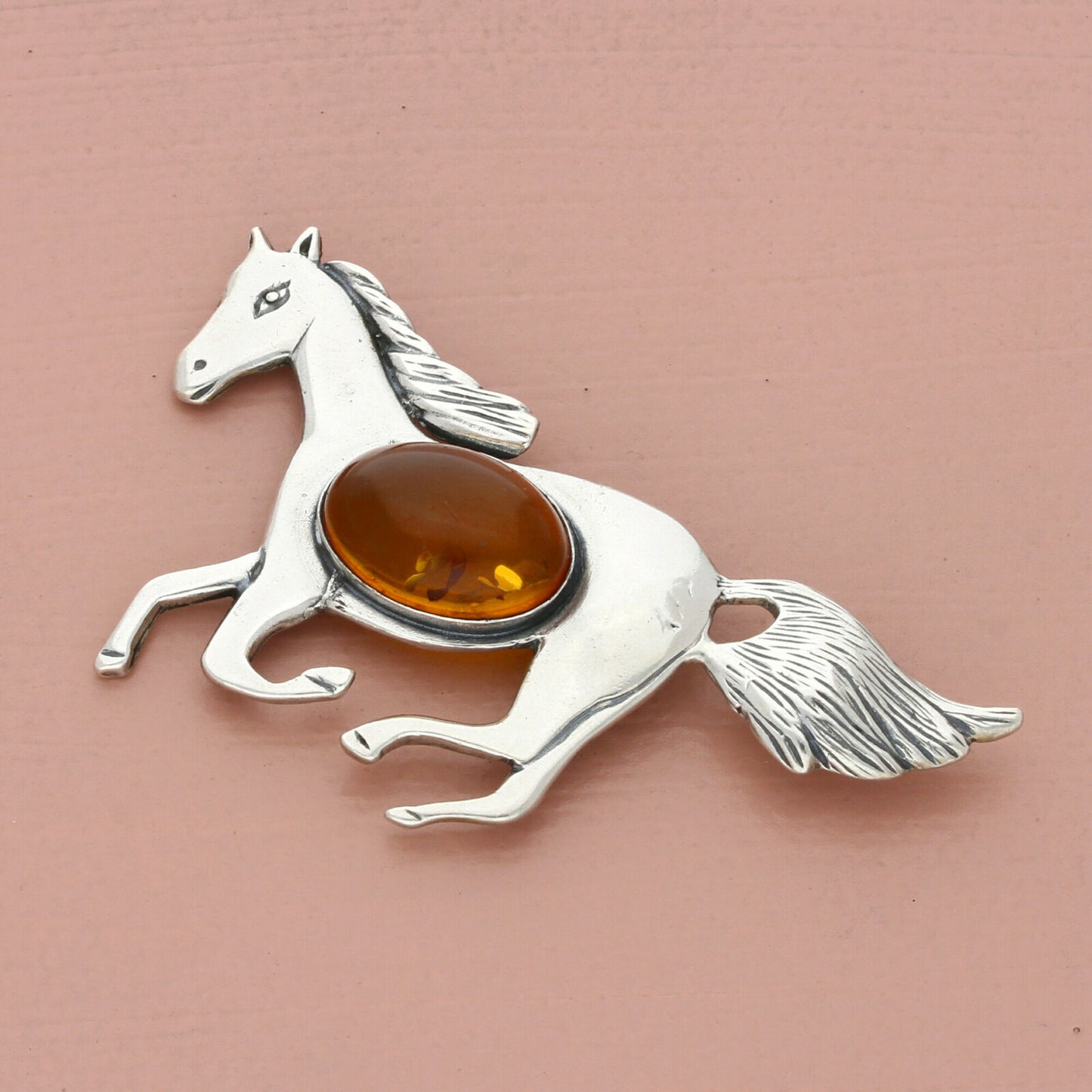 vintage sterling silver amber jelly belly galloping horse brooch