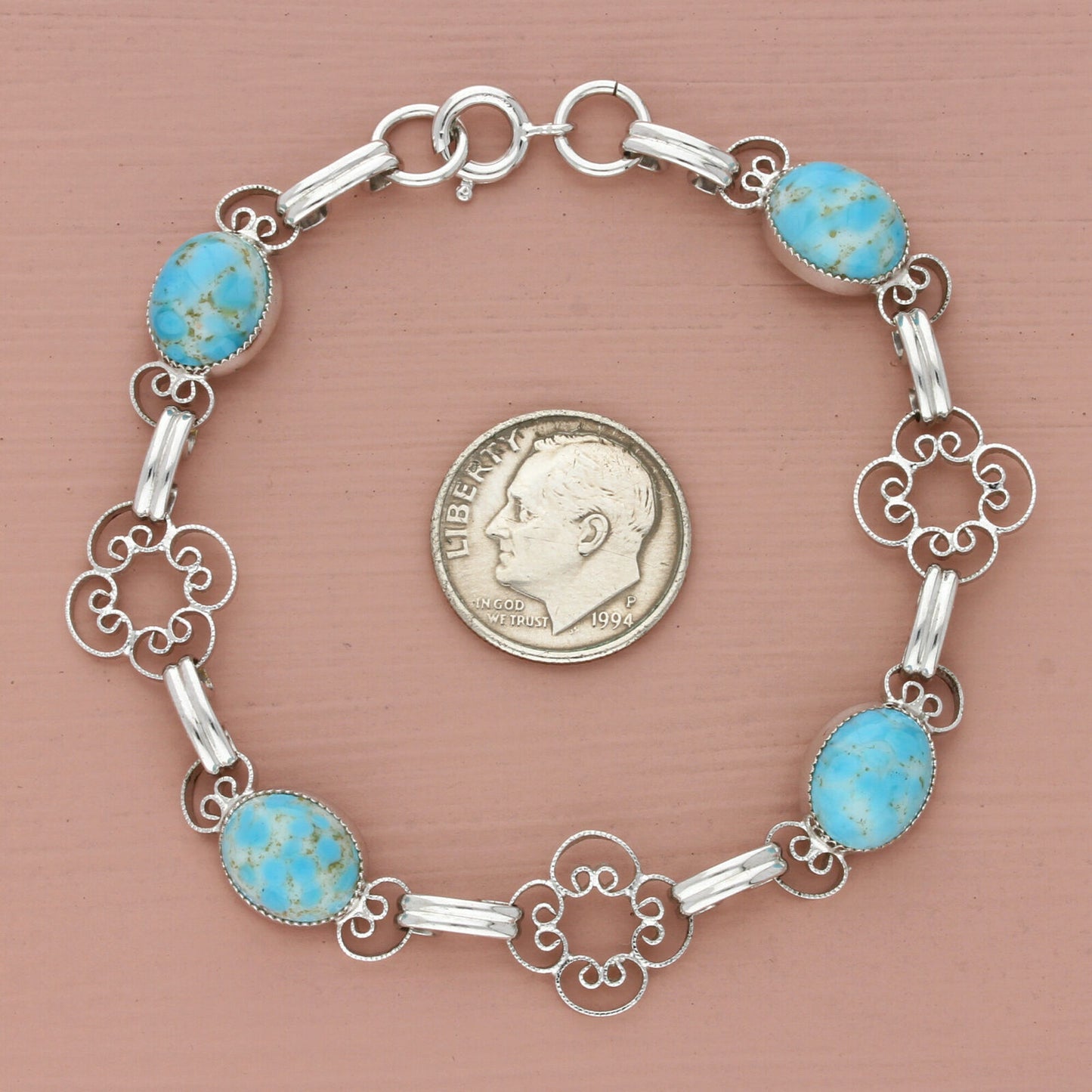 12k white gold filled filigree flower & faux turquoise bracelet 7in