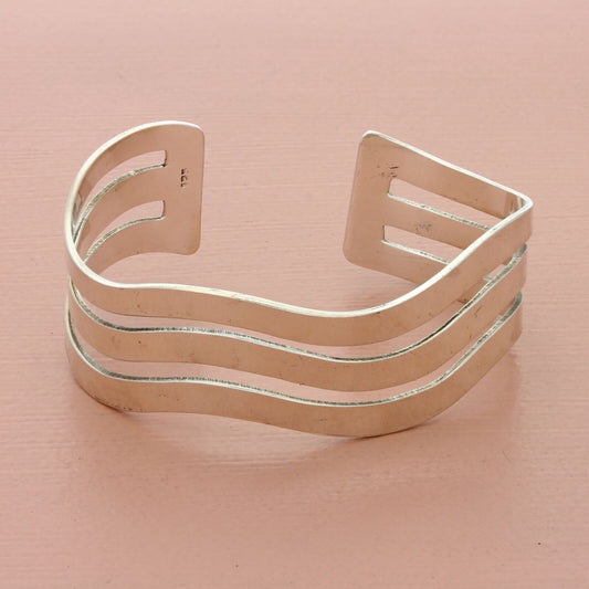 vintage sterling silver wavy stripes cuff bracelet size 6.25in