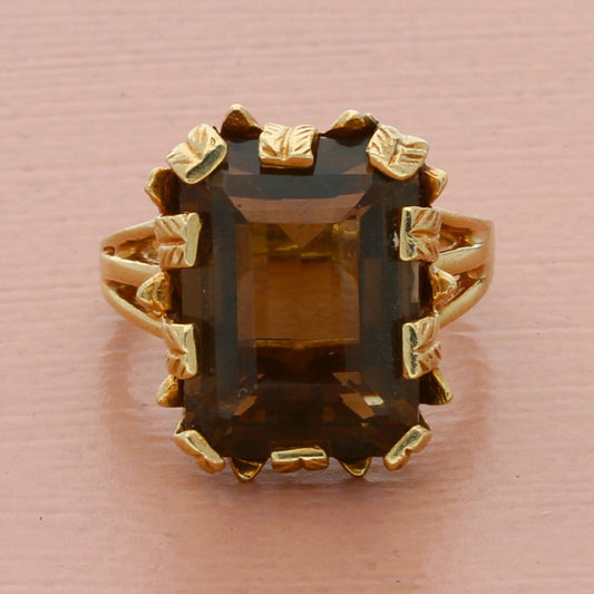 vintage 10k yellow gold intricate leaf prong-set smoky quartz ring size 7