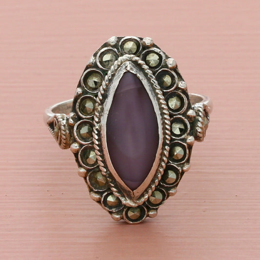 800 silver art deco marcasite studded purple cats eye ring 7.75