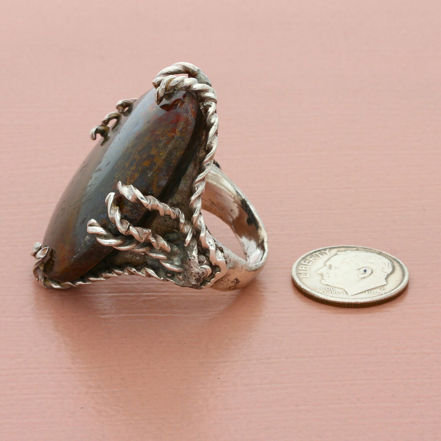 vintage sterling silver large chunky petrified wood ring size 8