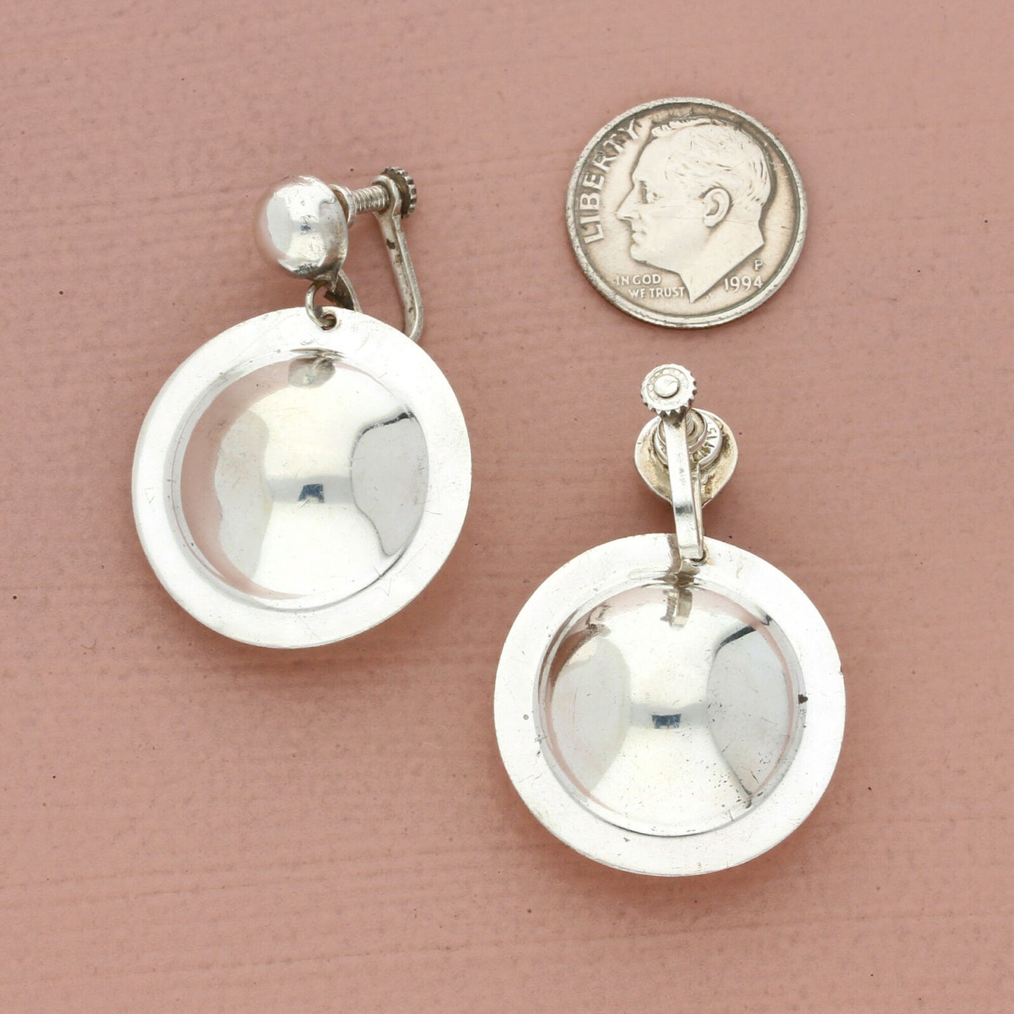 vintage sterling silver mexico puffy dangle screw-back earrings