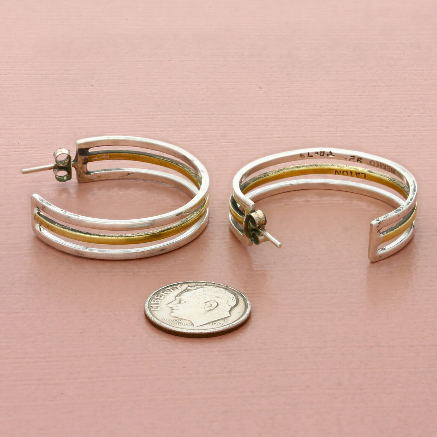 vintage sterling silver & brass accent striped hoop earrings