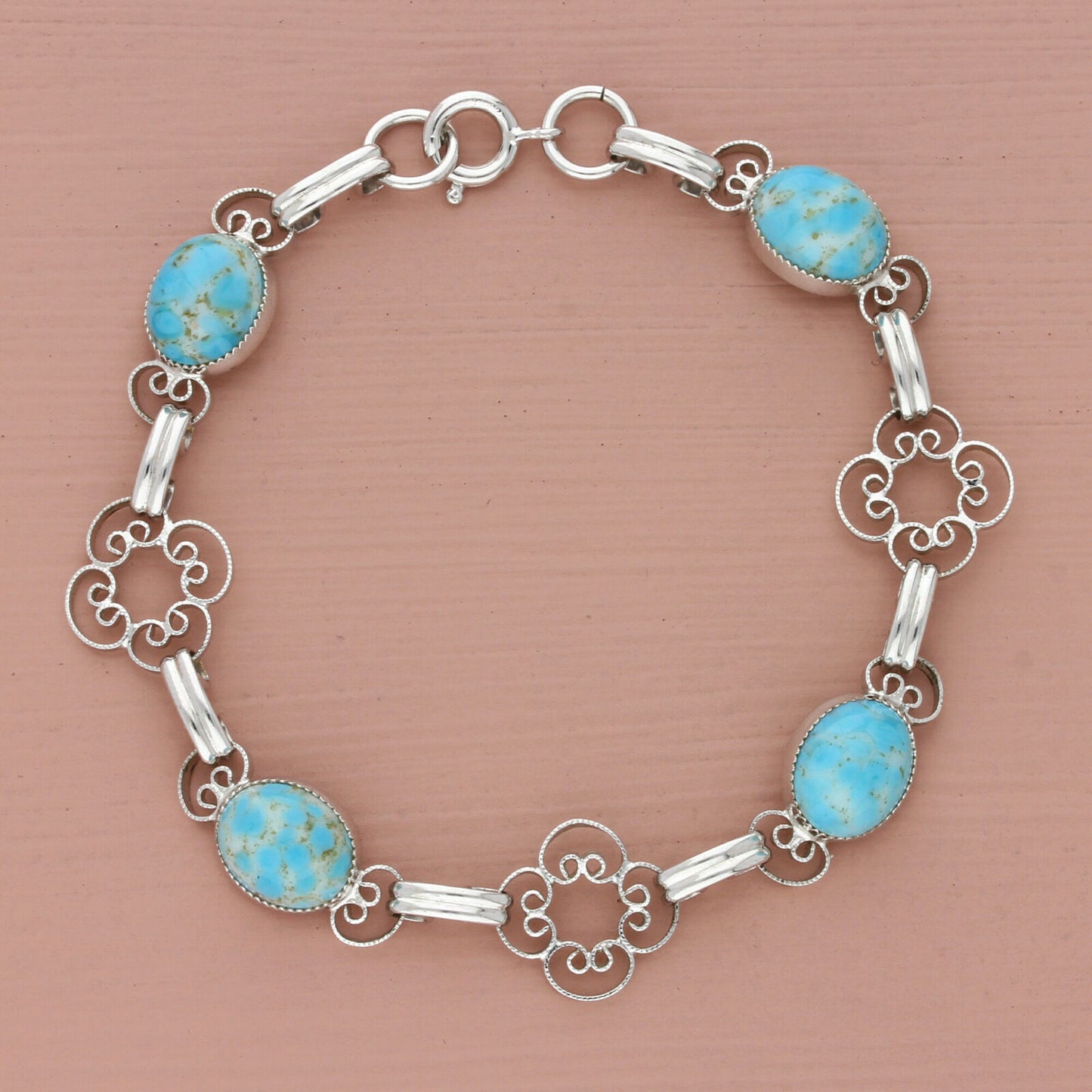 12k white gold filled filigree flower & faux turquoise bracelet 7in