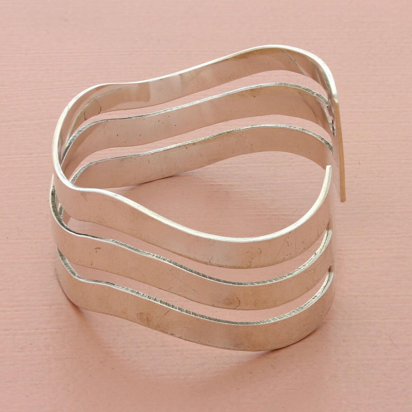 vintage sterling silver wavy stripes cuff bracelet size 6.25in