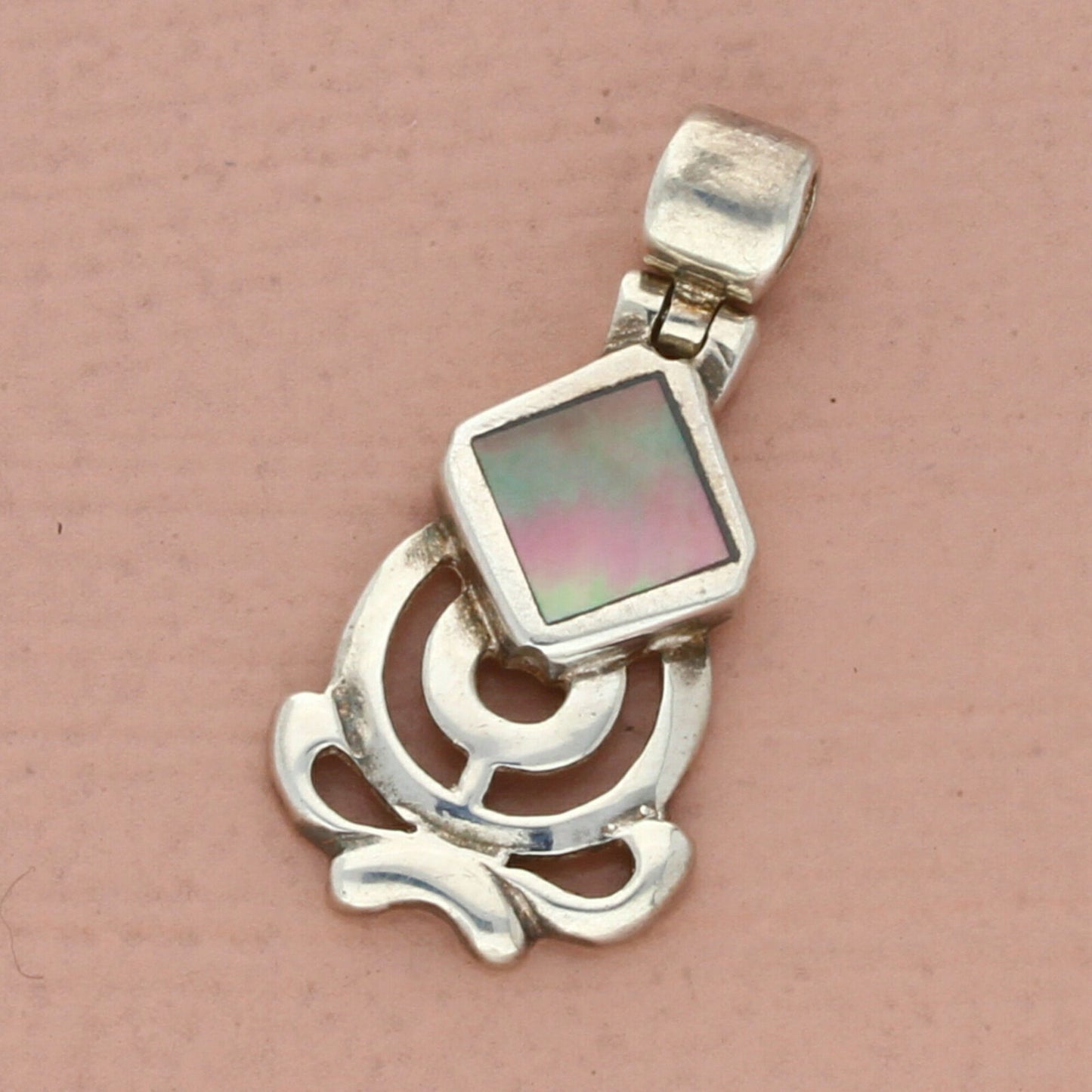 vintage sterling silver abalone scrolled drop pendant