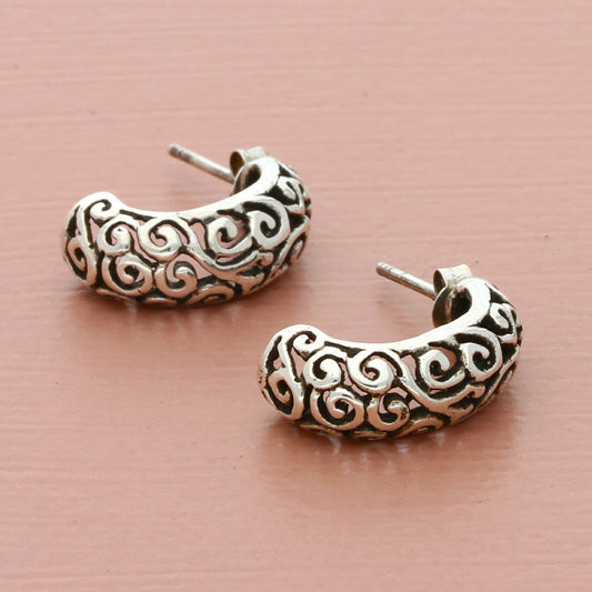 vintage sterling silver scroll j-hoop post earrings