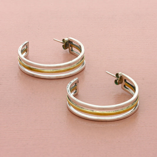 vintage sterling silver & brass accent striped hoop earrings