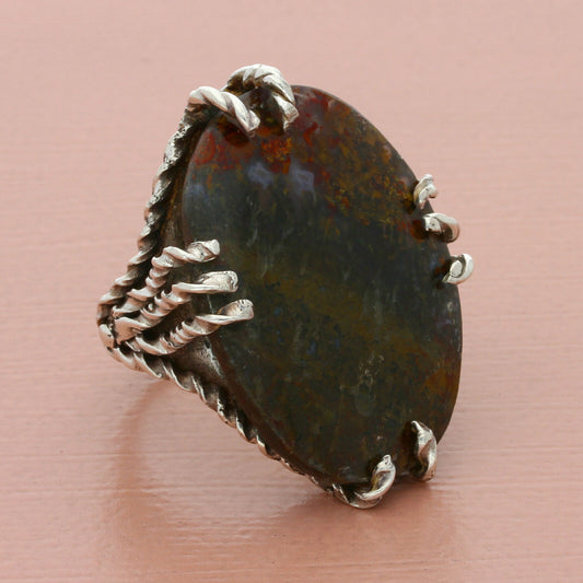 vintage sterling silver large chunky petrified wood ring size 8