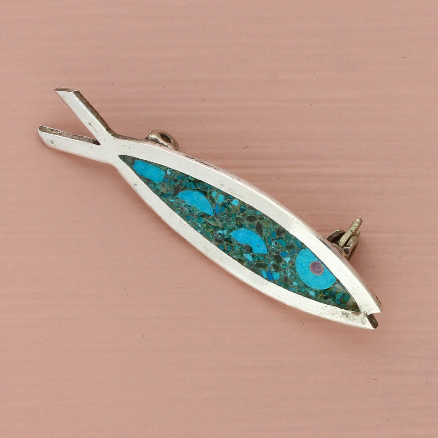 taxco mexico sterling silver vintage crushed turquoise fish brooch