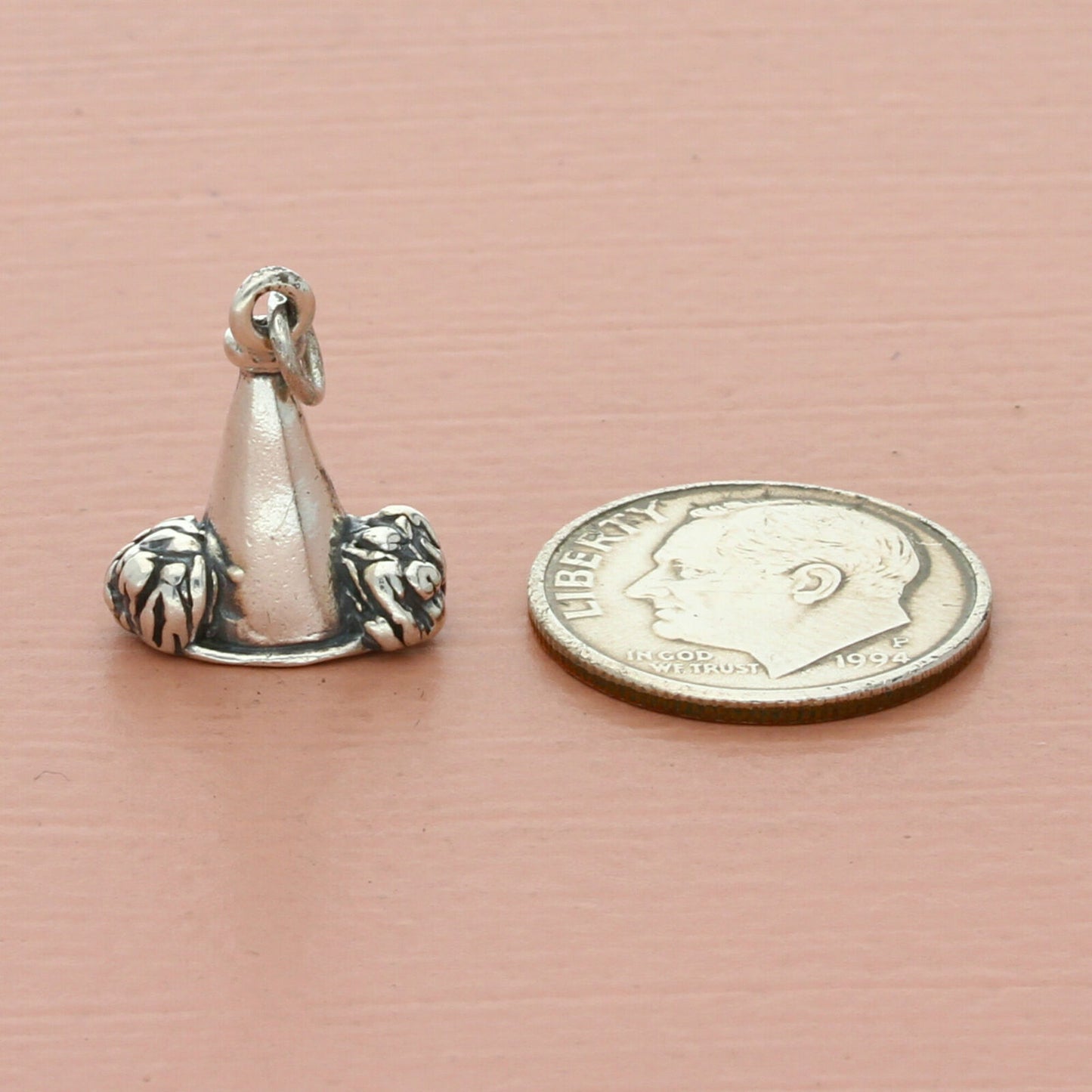 vintage sterling silver 3d cheerleader megaphone & pom poms charm